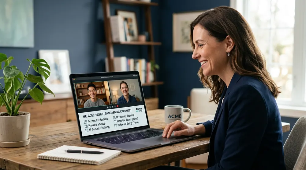 A hiring manager welcoming a new remote hire on a video call